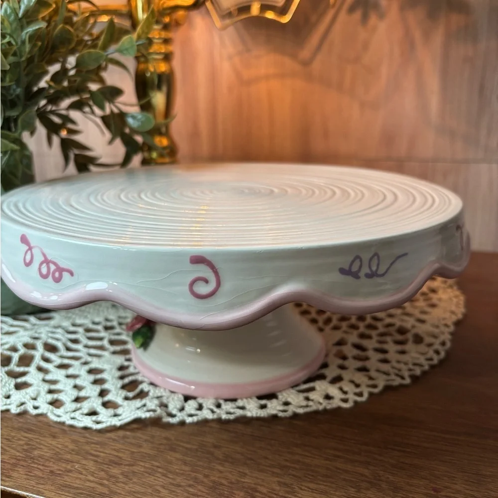 Avon Celebration Cake Pedestal Plate with Pink Rim and Floral Base